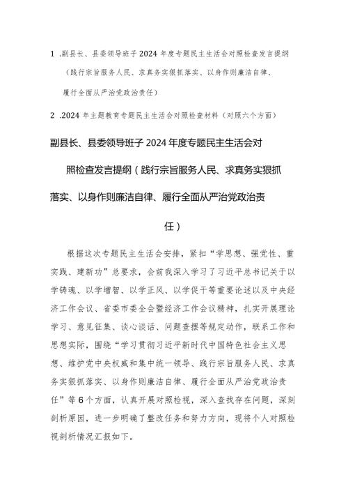 领导干部2024主题教育专题民主生活会个人新六个方面对照检查发言提纲(践行宗旨服务人民等)范文.docx