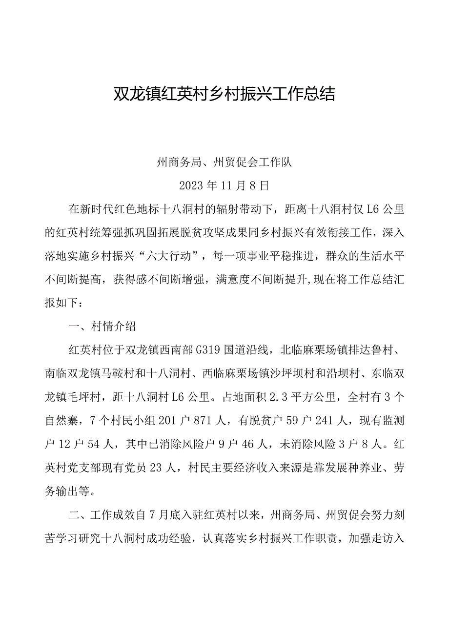 双龙镇红英村乡村振兴工作总结1.docx_第1页