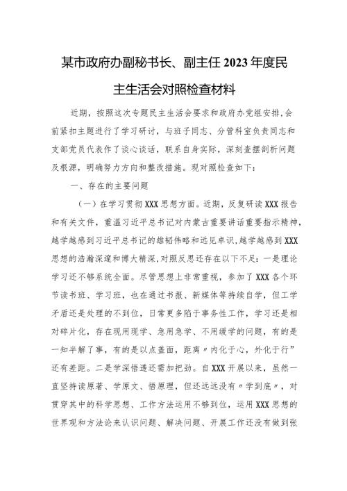 某市政府办副秘书长、副主任2023民主生活会对照检查材料.docx