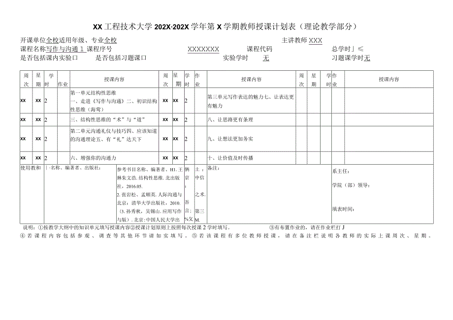 XX工程技术大学X第X学期X教师授课计划表（理论教学部分）（2024年）.docx_第1页