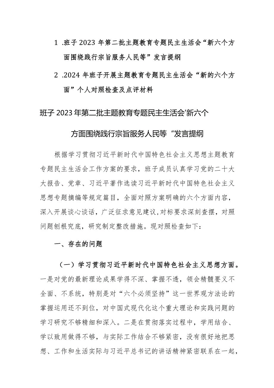 两篇：班子2023年第二批主题教育专题民主生活会“新六个方面围绕践行宗旨服务人民等”对照检查相互点评发言提纲范文.docx_第1页