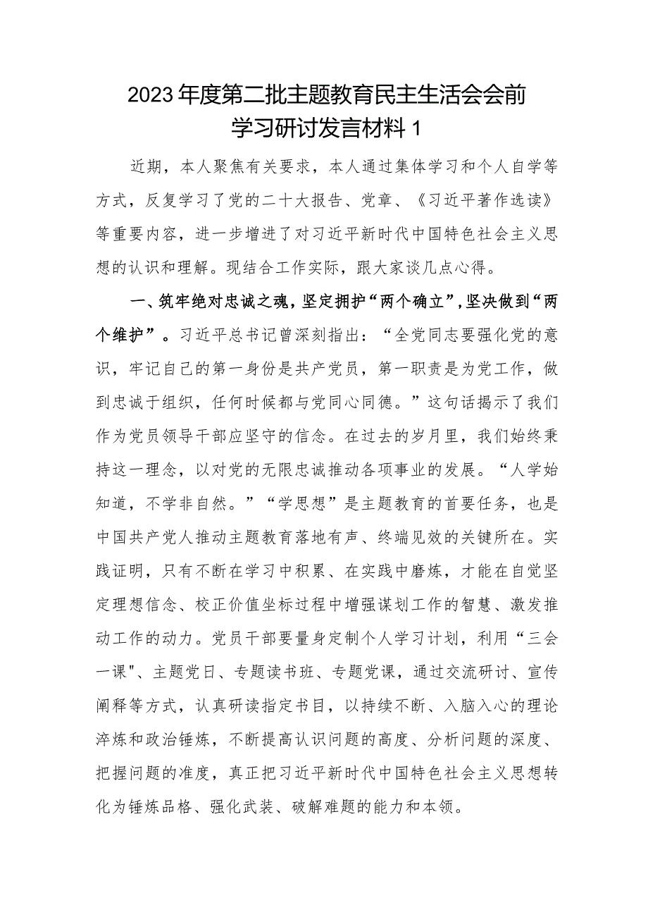 20232024第二批专题主题民主生活会会前学习研讨发言材料6篇.docx_第2页