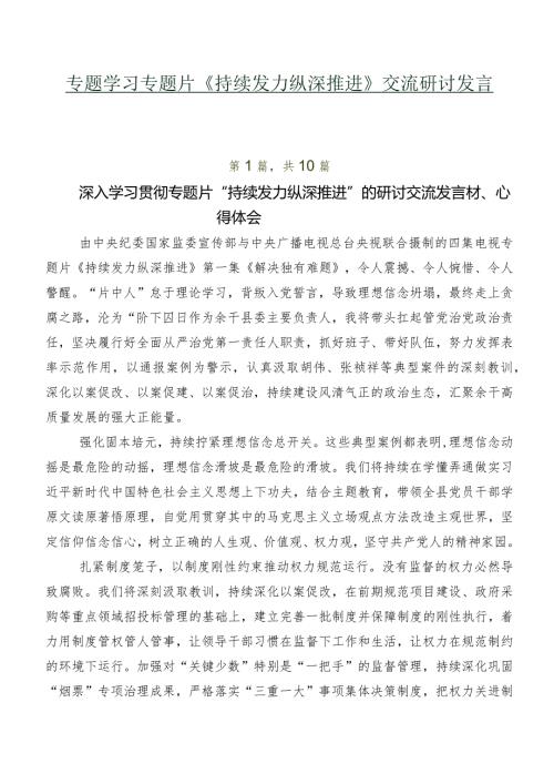 专题学习专题片《持续发力 纵深推进》交流研讨发言多篇.docx