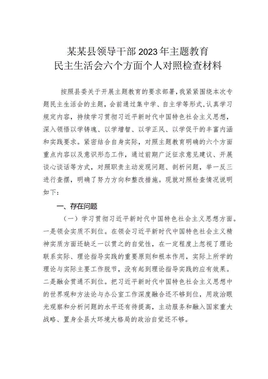 某某县领导干部2023年主题教育民主生活会六个方面个人对照检查材料(1).docx_第1页