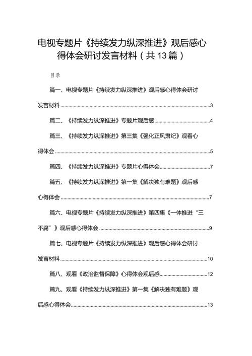 电视专题片《持续发力纵深推进》观后感心得体会研讨发言材料（共13篇）(1).docx