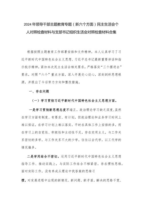2024年领导干部主题教育专题(新六个方面)民主生活会个人对照检查材料与支部书记组织生活会对照检查材料合集.docx
