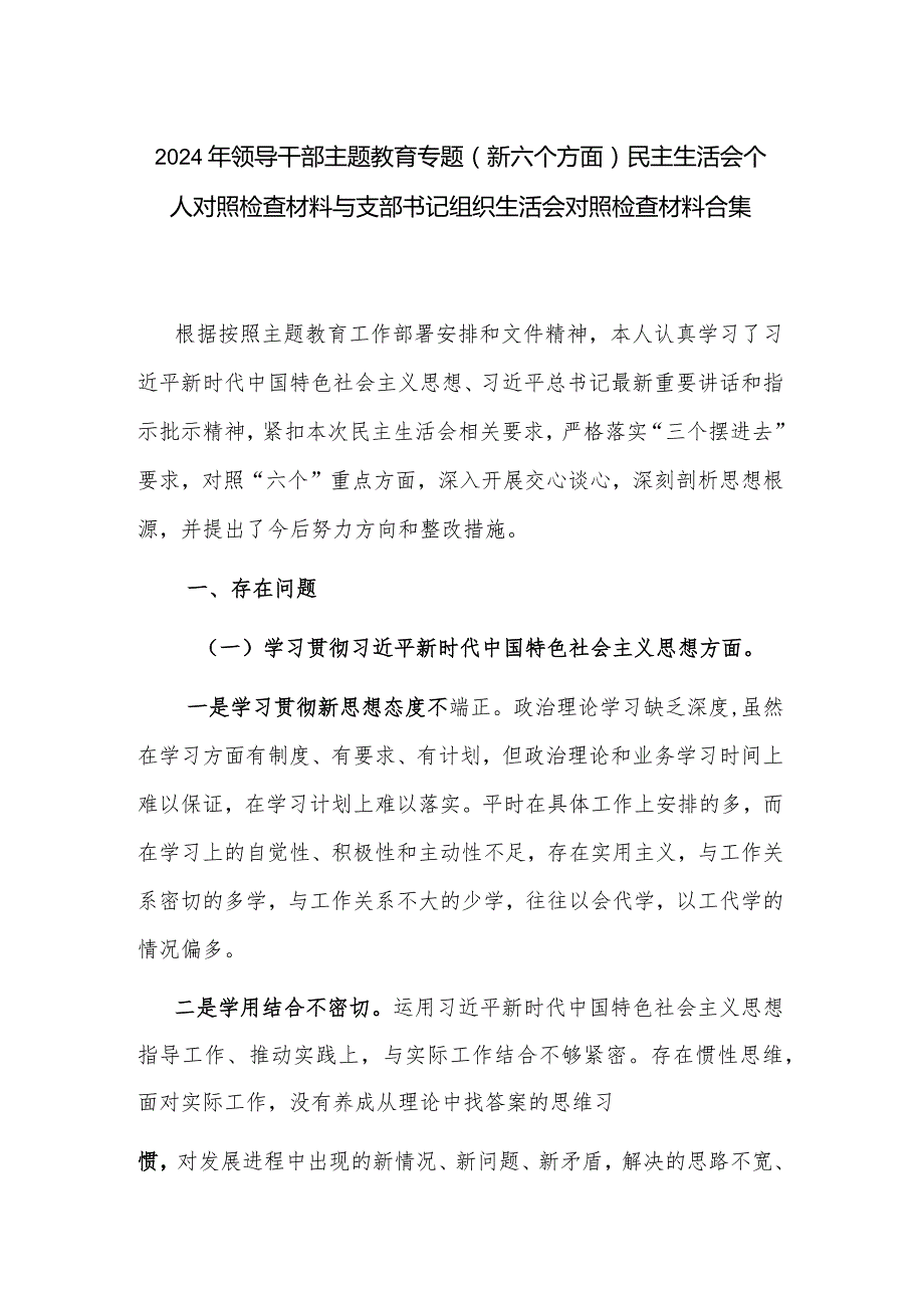 2024年领导干部主题教育专题(新六个方面)民主生活会个人对照检查材料与支部书记组织生活会对照检查材料合集.docx_第1页