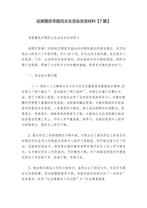 巡察整改专题民主生活会发言材料【7篇】.docx