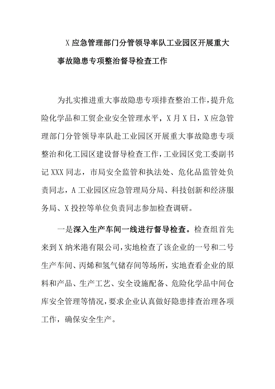 X应急管理部门分管领导率队工业园区开展重大事故隐患专项整治督导检查工作.docx_第1页