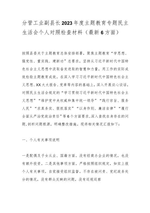 分管工业副县长2023主题教育专题民主生活会个人对照检查材料（最新6方面）.docx