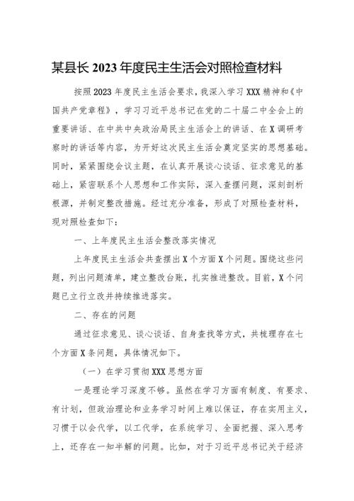 某县长2023民主生活会对照检查材料.docx