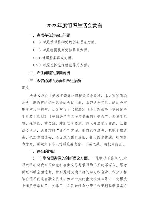 2篇支部党员20232024组织生活会四个方面检视个人对照检查发言.docx