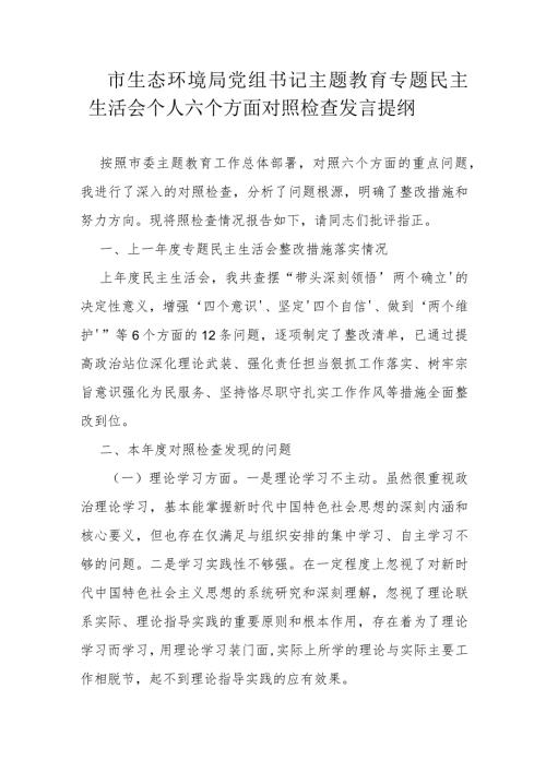 市生态环境局党组书记主题教育专题民主生活会个人六个方面对照检查发言提纲.docx