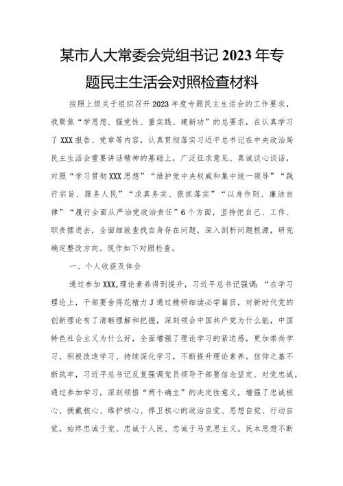 某市人大常委会党组书记2023年专题民主生活会对照检查材料.docx