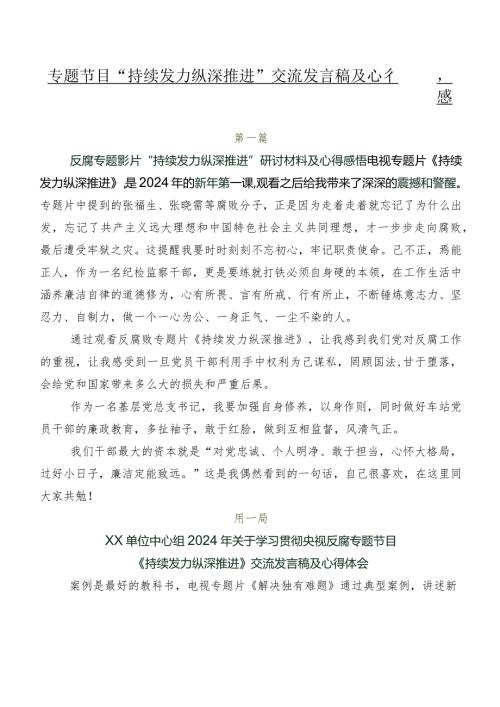 专题节目“持续发力 纵深推进”交流发言稿及心得感悟8篇.docx