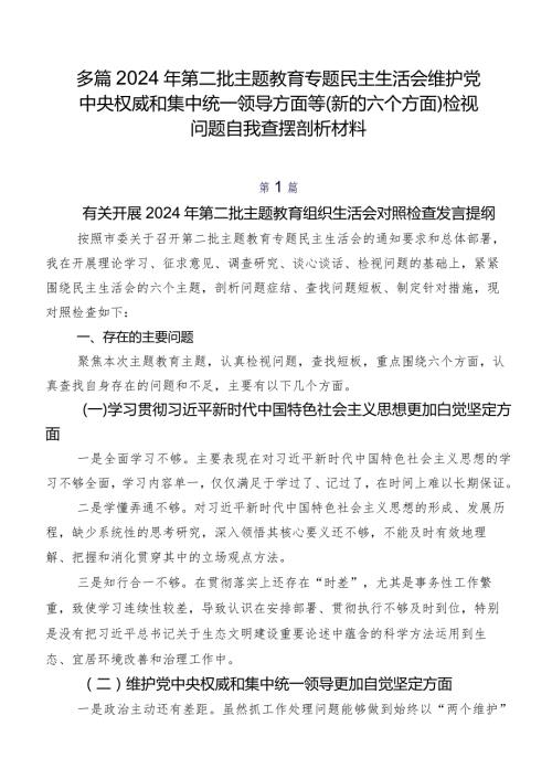 多篇2024年第二批学习教育专题民主生活会维护党中央权威和集中统一领导方面等(新的六个方面)检视问题自我查摆剖析材料.docx