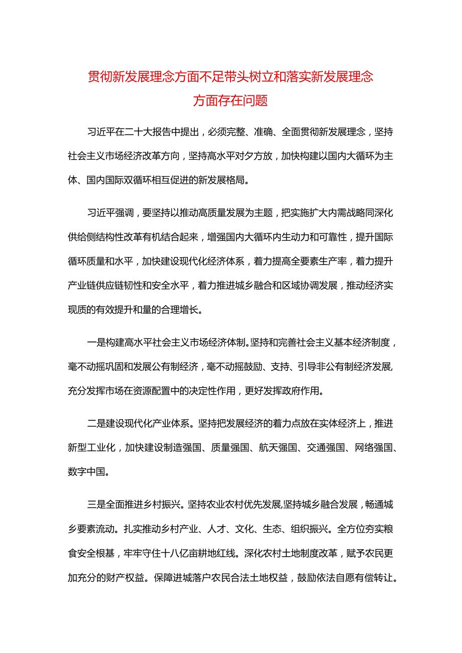 贯彻新发展理念方面不足带头树立和落实新发展理念方面存在问题.docx_第1页