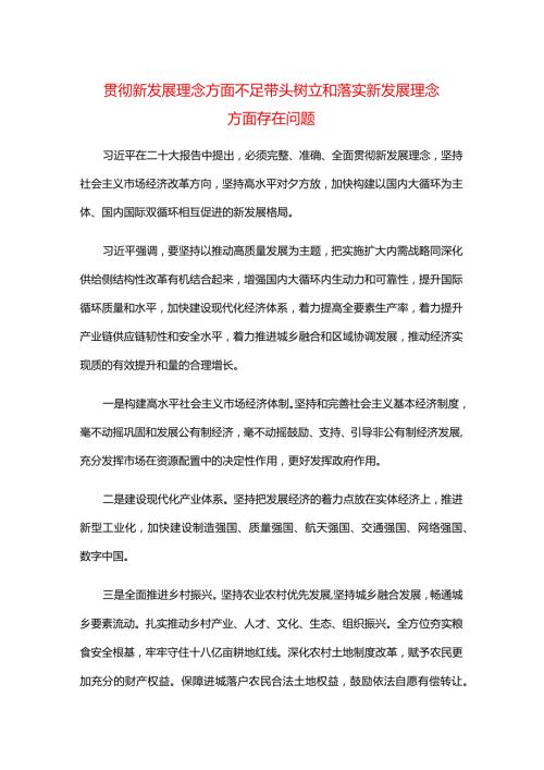 贯彻新发展理念方面不足带头树立和落实新发展理念方面存在问题.docx