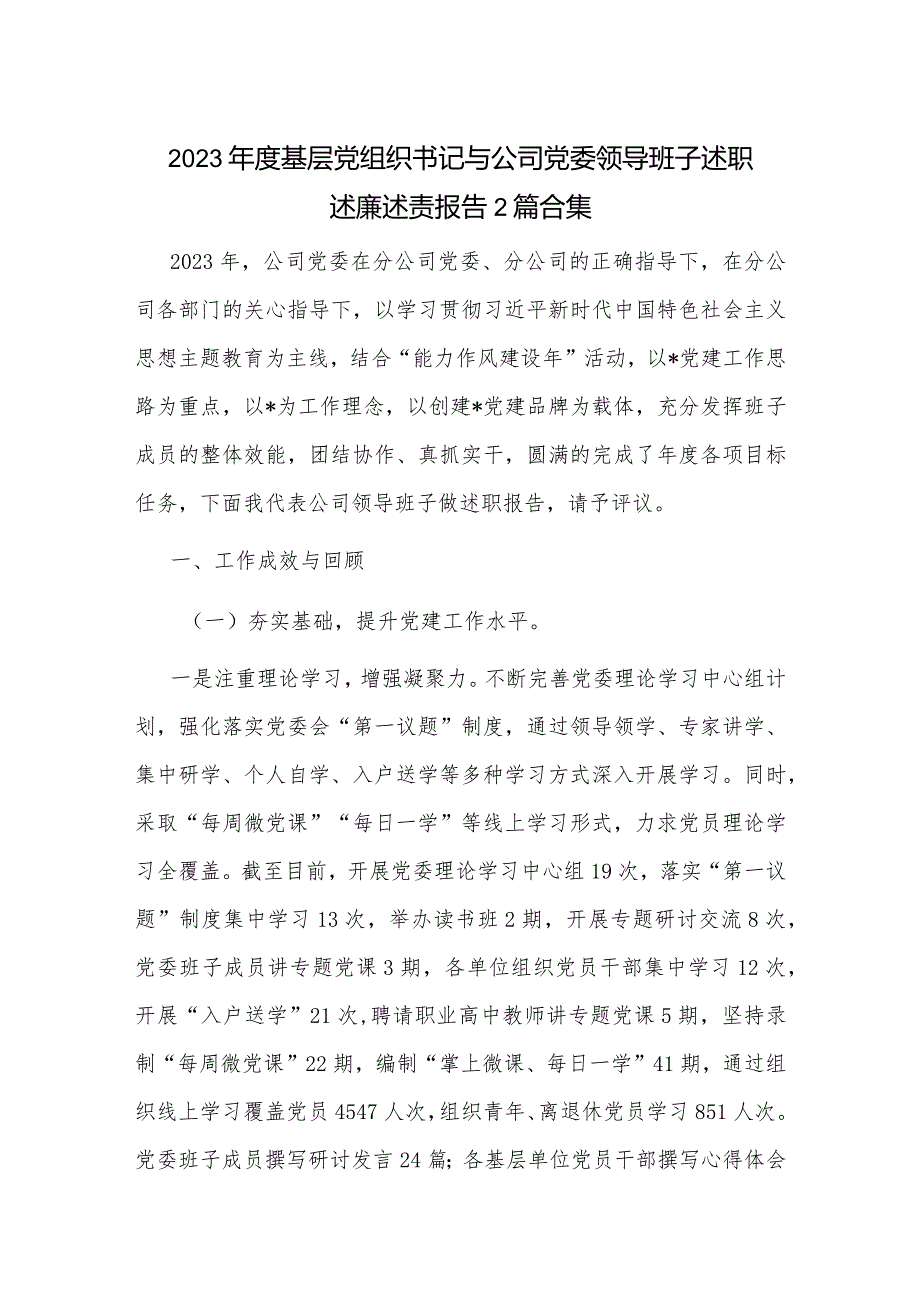 2023基层党组织书记与公司党委领导班子述职述廉述责报告2篇合集.docx_第1页