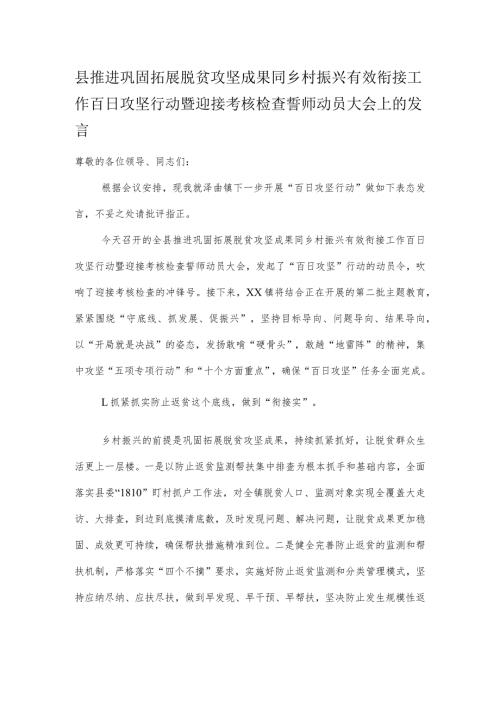 县推进巩固拓展脱贫攻坚成果同乡村振兴有效衔接工作百日攻坚行动暨迎接考核检查誓师动员大会上的发言.docx