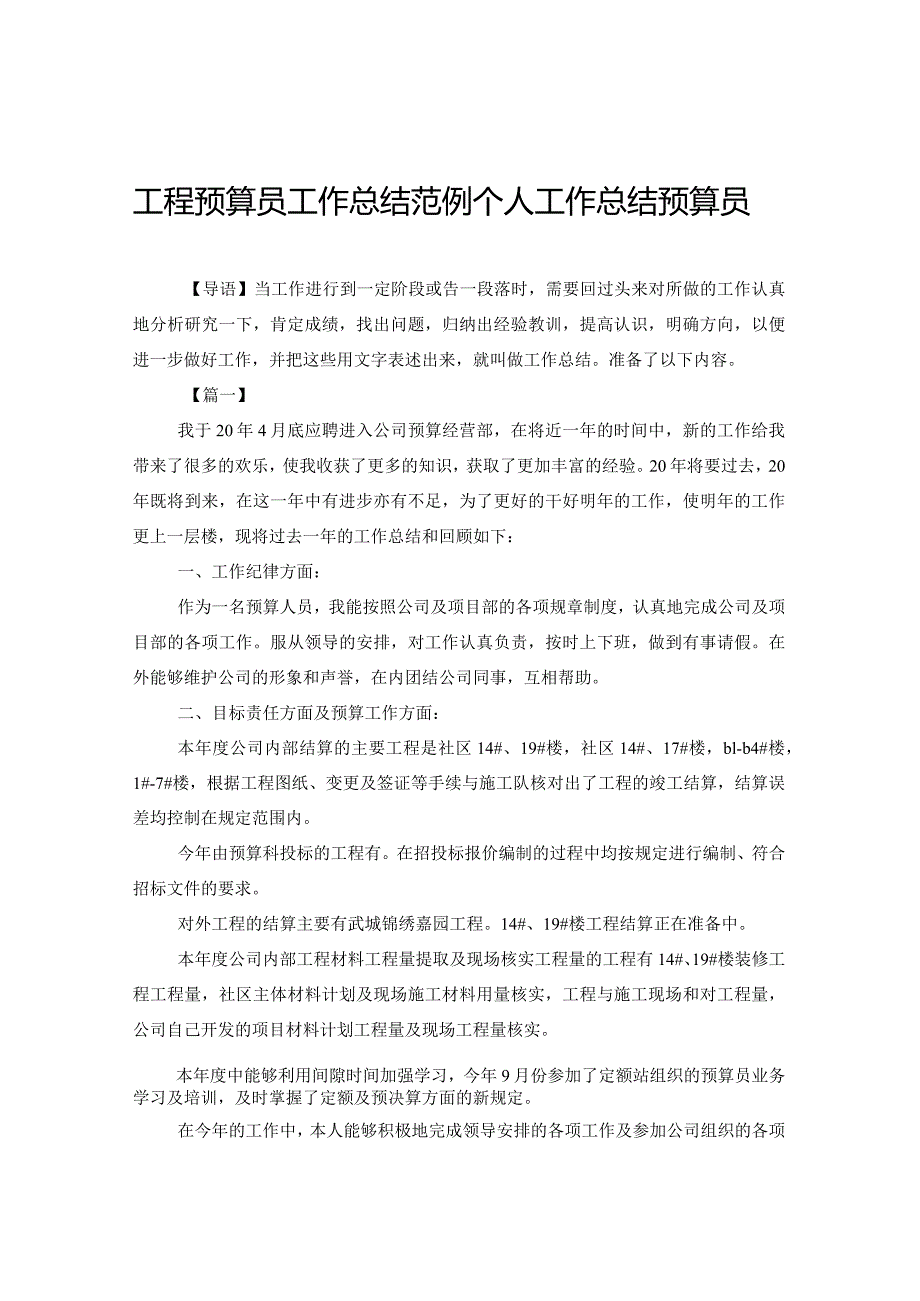 工程预算员工作总结范例个人工作总结预算员.docx_第1页