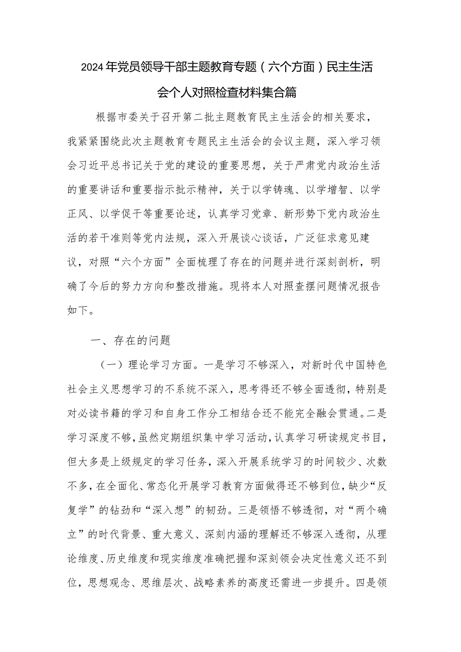 2024年党员领导干部主题教育专题（六个方面）民主生活会个人对照检查材料集合篇.docx_第1页
