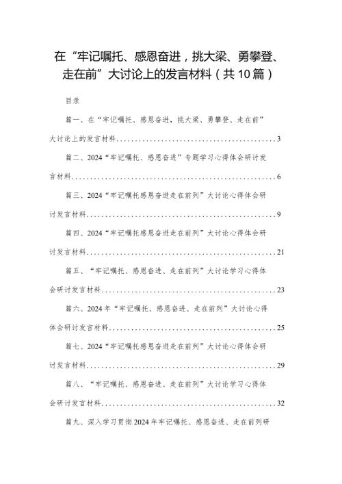 在“牢记嘱托、感恩奋进挑大梁、勇攀登、走在前”大讨论上的发言材料【10篇精选】供参考(1).docx
