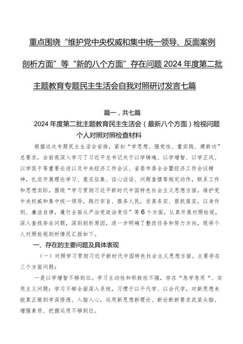 重点围绕“维护党中央权威和集中统一领导、反面案例剖析方面”等“新的八个方面”存在问题2024第二批集中教育专题民主生活会自我对照.docx