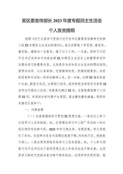 某区委宣传部长2023专题民主生活会个人发言提纲.docx