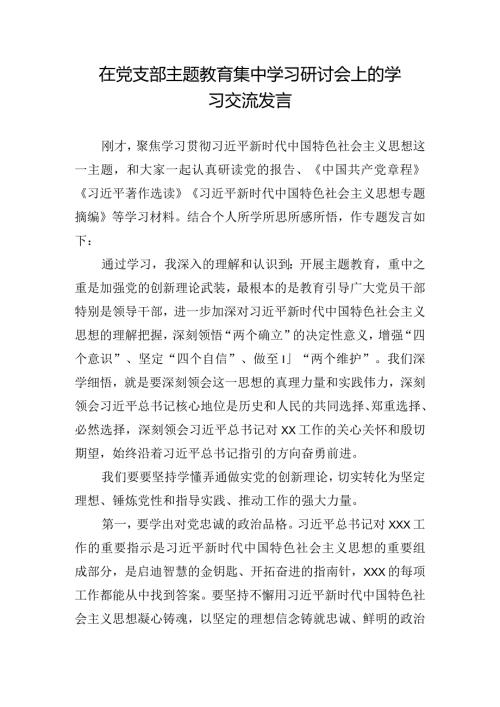 在党支部主题教育集中学习研讨会上的学习交流发言.docx