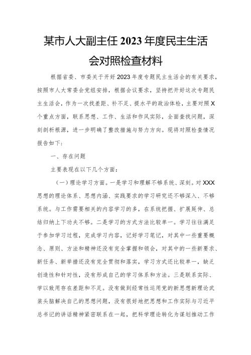 某市人大副主任2023民主生活会对照检查材料.docx