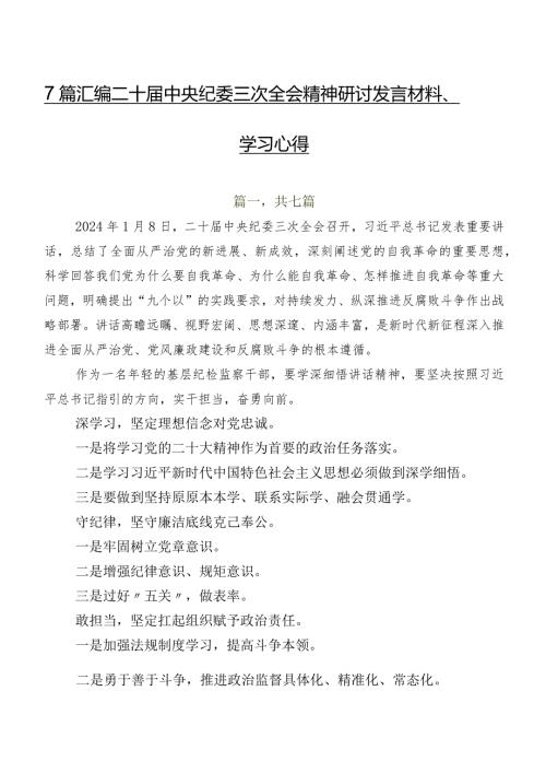 7篇汇编二十中央纪委三次全会精神研讨发言材料、学习心得.docx