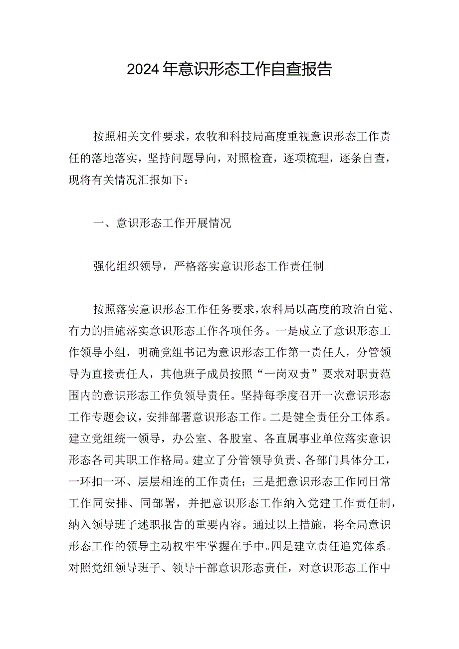 2024年意识形态工作自查报告.docx_第1页