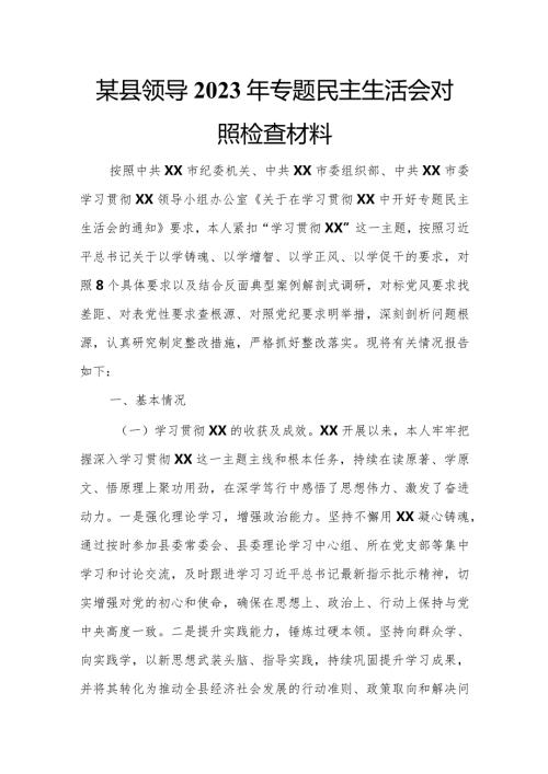 某县领导2023年专题民主生活会对照检查材料.docx