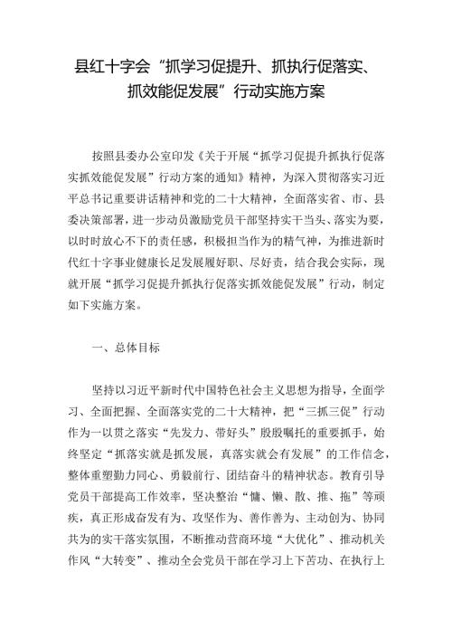 县红十字会“抓学习促提升、抓执行促落实、抓效能促发展”行动实施方案.docx