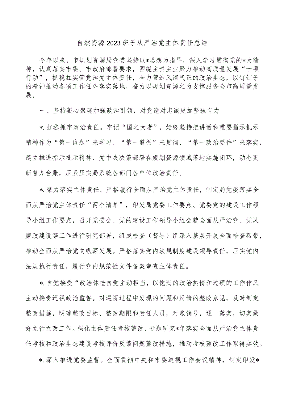 自然资源2023班子从严治党主体责任总结.docx_第1页