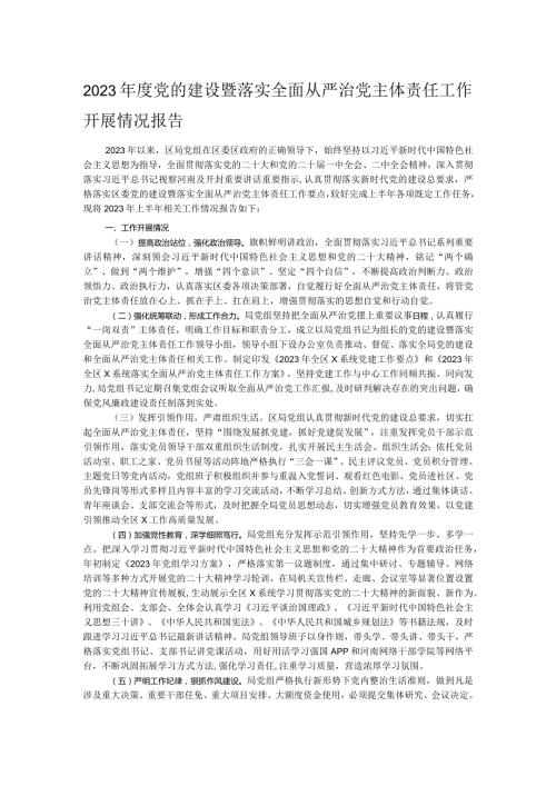 2023党的建设暨落实全面从严治党主体责任工作开展情况报告.docx
