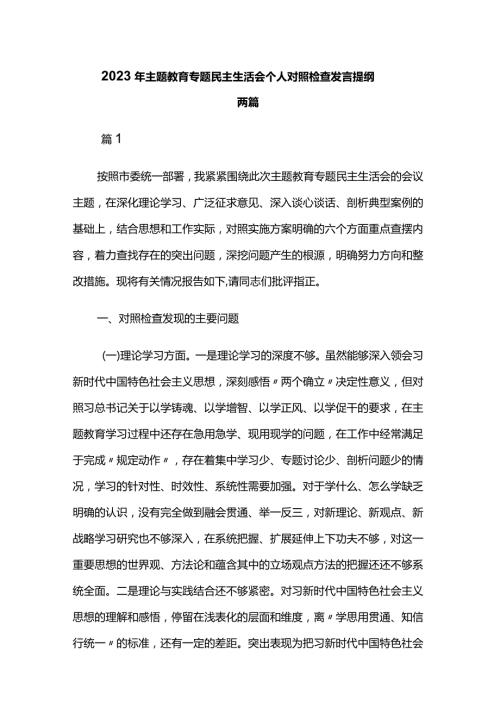 2023年主题教育专题民主生活会个人对照检查发言提纲两篇.docx