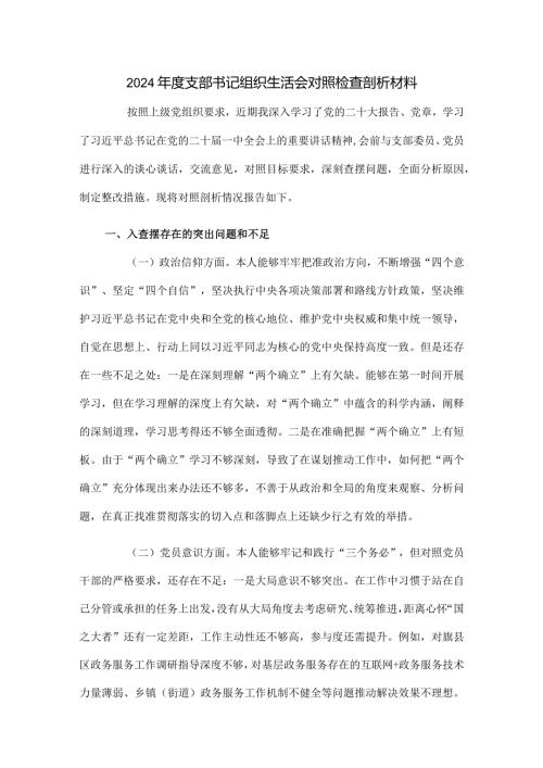 2024支部书记组织生活会对照检查剖析材料.docx