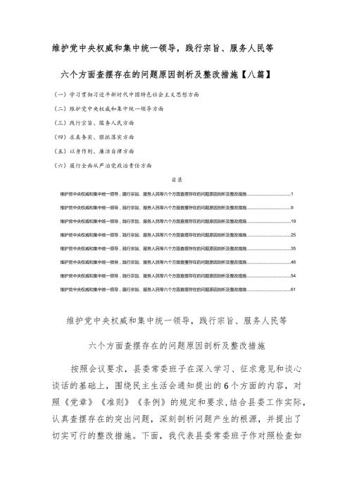 维护党中央权威和集中统一领导践行宗旨、服务人民等六个方面查摆存在的问题原因剖析及整改措施【八篇】.docx