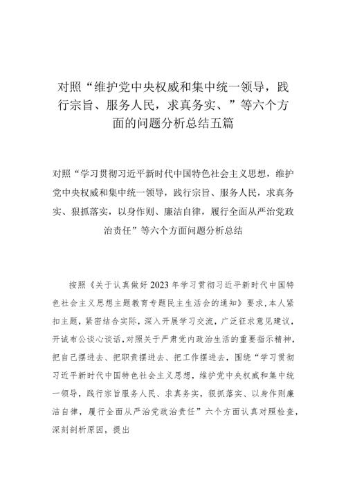 对照“维护党中央权威和集中统一领导践行宗旨、服务人民求真务实、”等六个方面的问题分析总结五篇.docx