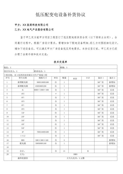 低压配变电设备补货协议（2024年XX医药科技有限公司与XX电气产品股份有限公司）.docx