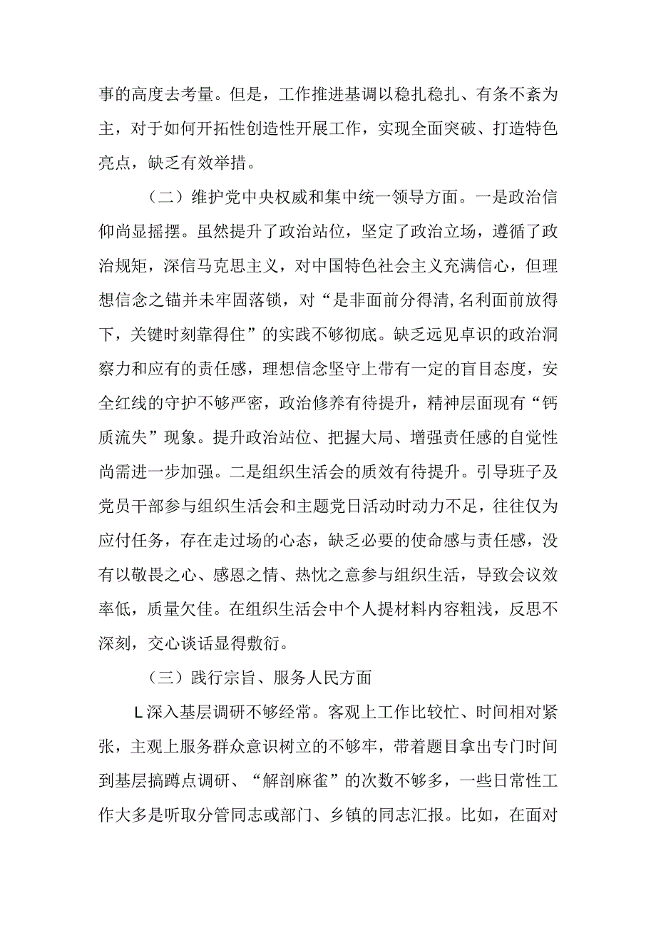 2024维护党中央权威和集中统一领导、践行宗旨、服务人民方面、求真务实、狠抓落实方面、以身作则、廉洁自律方面)民主生活会对照检查发言材料.docx_第2页