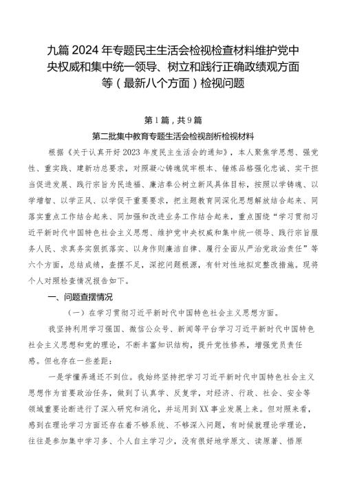 九篇2024年专题民主生活会检视检查材料维护党中央权威和集中统一领导、树立和践行正确政绩观方面等(最新八个方面)检视问题.docx