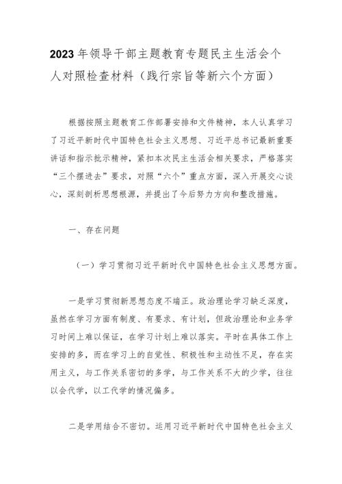2023年领导干部主题教育专题民主生活会个人对照检查材料(践行宗旨等新六个方面)(1).docx