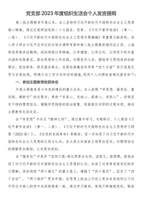 党支部2023组织生活会个人发言提纲.docx