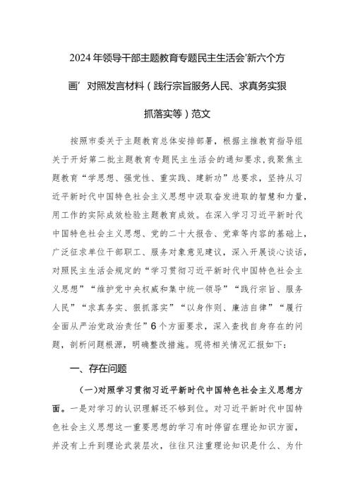 2024年领导干部主题教育专题民主生活会“新六个方面”对照发言材料（践行宗旨服务人民、求真务实狠抓落实等）范文.docx
