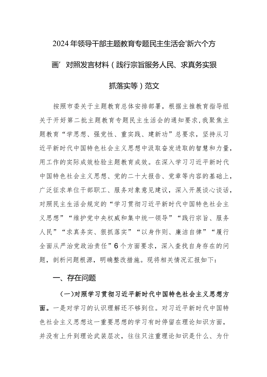 2024年领导干部主题教育专题民主生活会“新六个方面”对照发言材料（践行宗旨服务人民、求真务实狠抓落实等）范文.docx_第1页