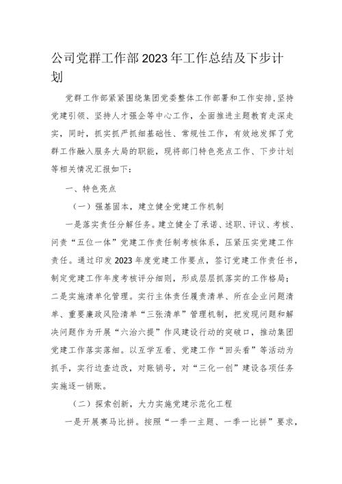 公司党群工作部2023年工作总结及下步计划(1).docx