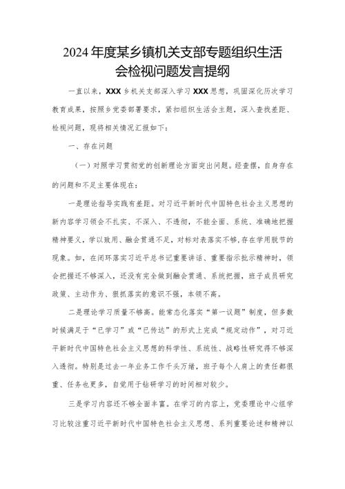 2024某乡镇机关支部专题组织生活会检视问题发言提纲.docx